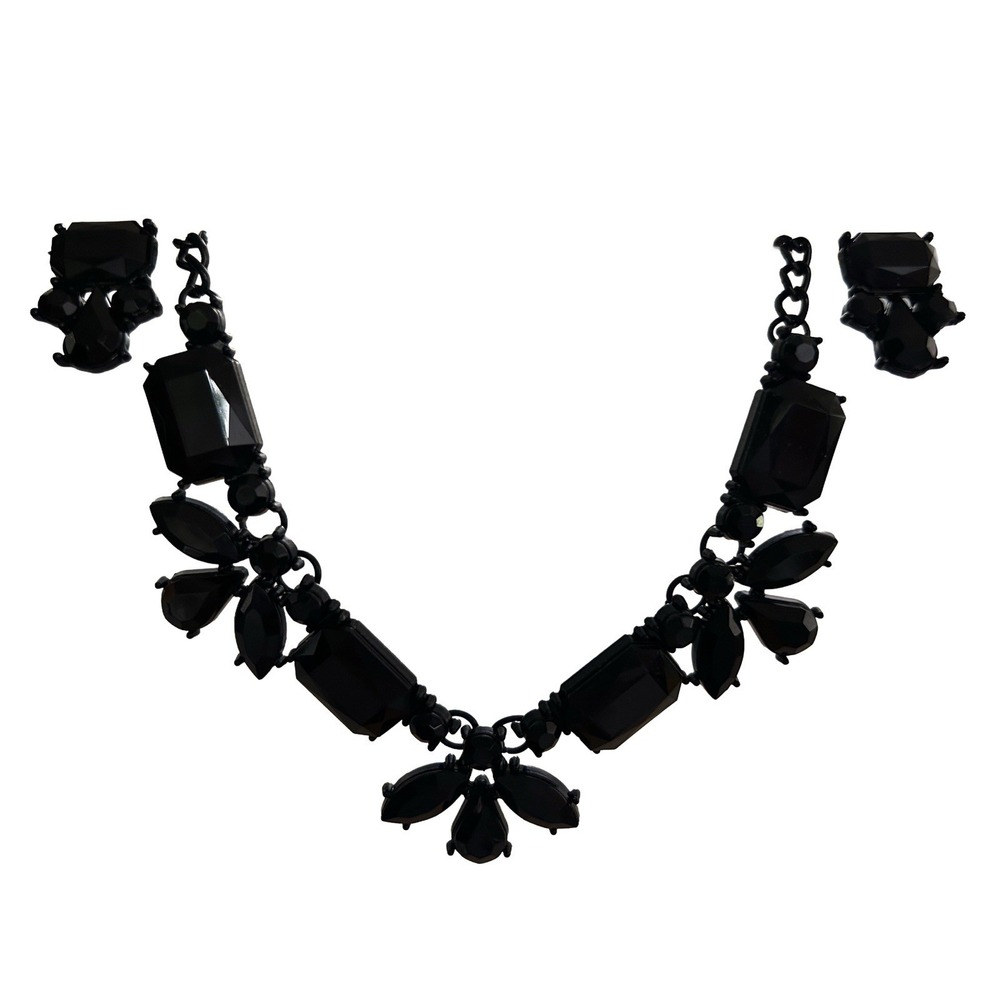 Prong Set Black Glass Bead Necklace‎ And Earring Set